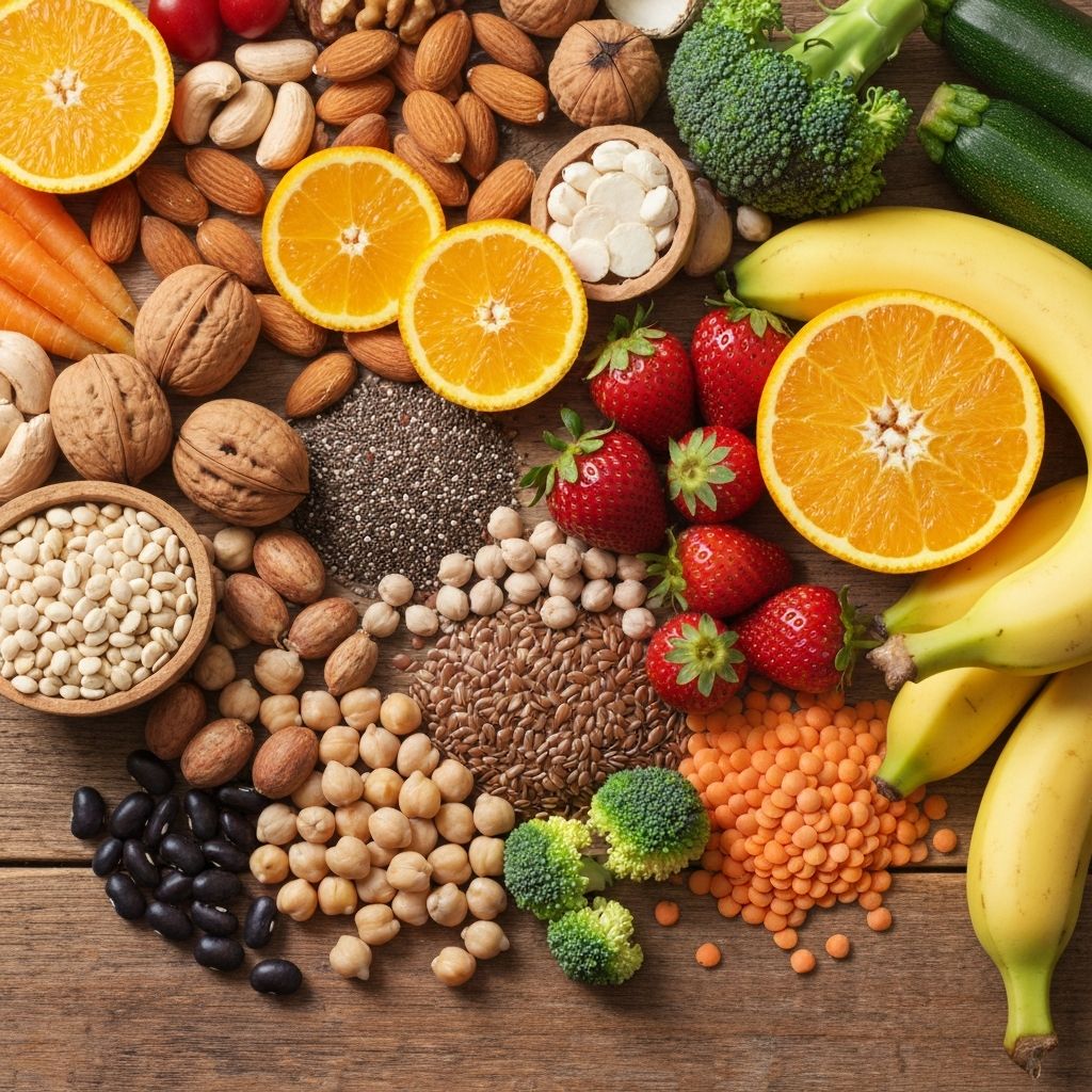 Diverse whole foods collection - nuts, seeds, vegetables, fruits, legumes